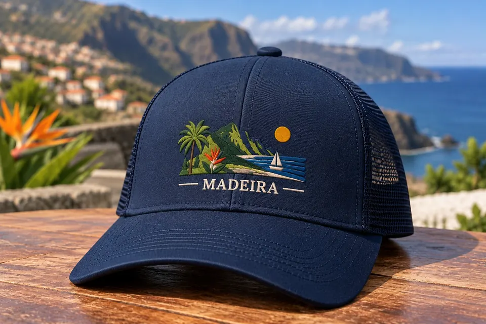 Navy trucker cap with a Madeira landscape and the word MADEIRA embroidered on the front