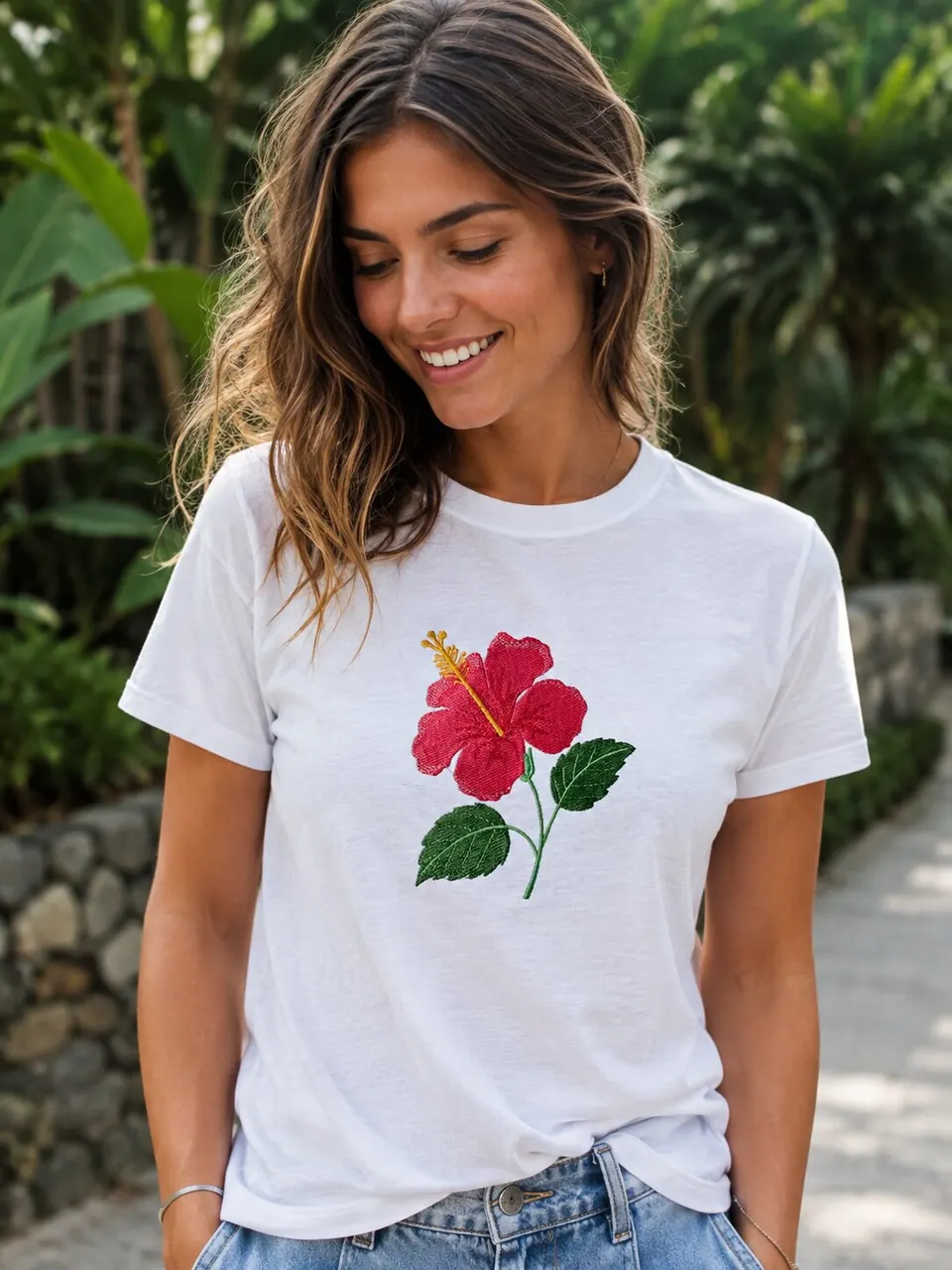 White t-shirt embroidered with hibiscus