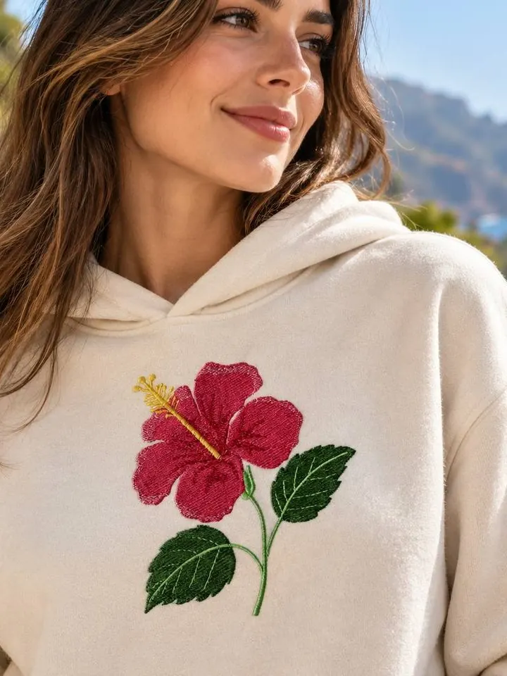 Ivory hoodie embroidered with a hibiscus