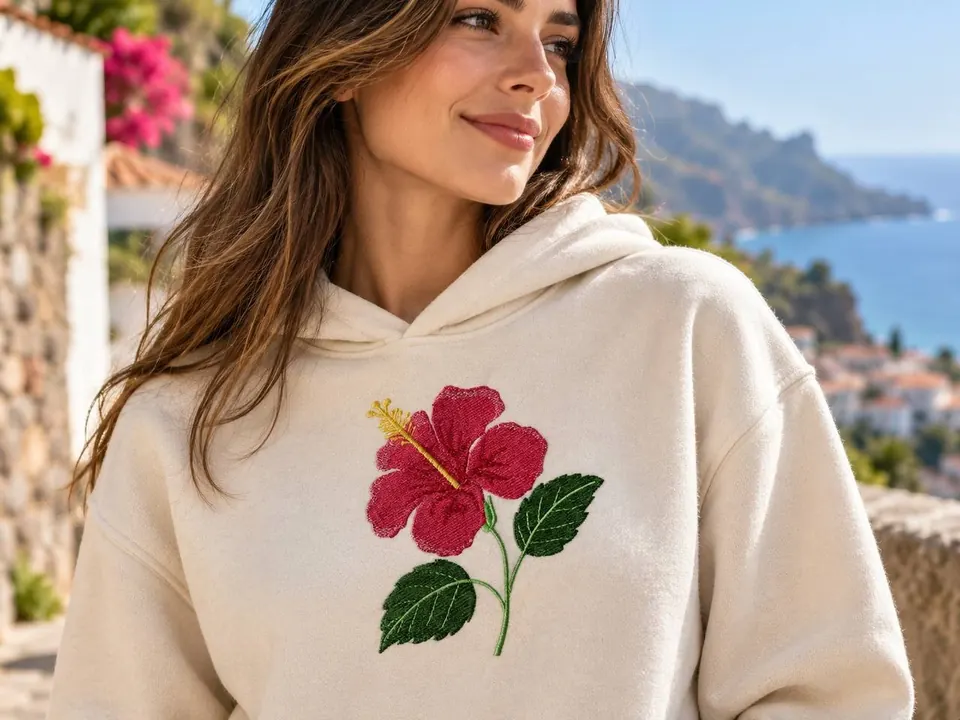 Hoodie in Elfenbein mit gesticktem rotem Hibiskus, dahinter die Küste Madeiras